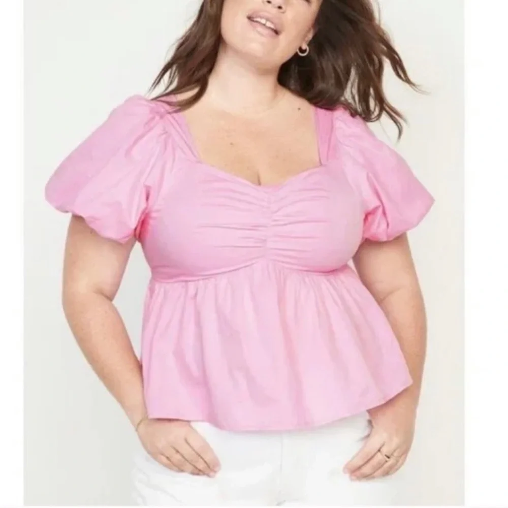 💕 OLD NAVY ~ Pink Puff-Sleeve Ruched Smocked Babydoll Top~ Summer Ready!  XXL - Picture 3 of 6